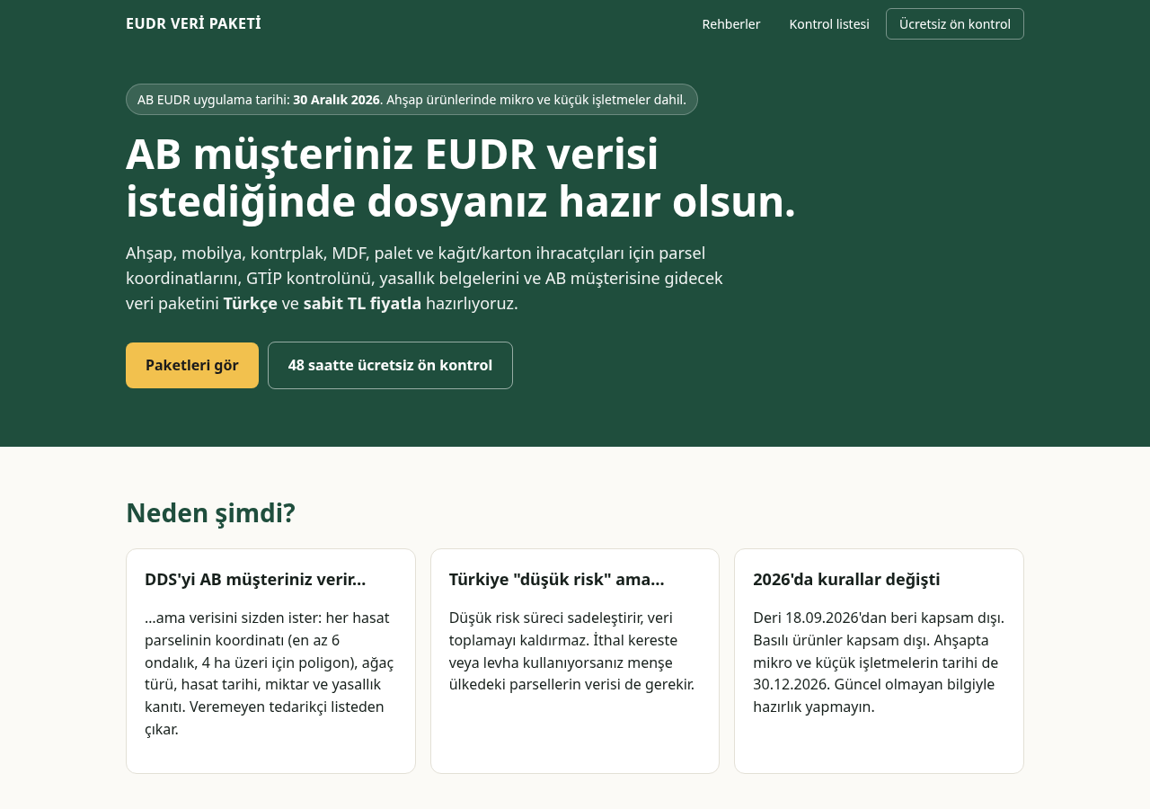 EUDR Veri Paketi web sitesi tasarımı